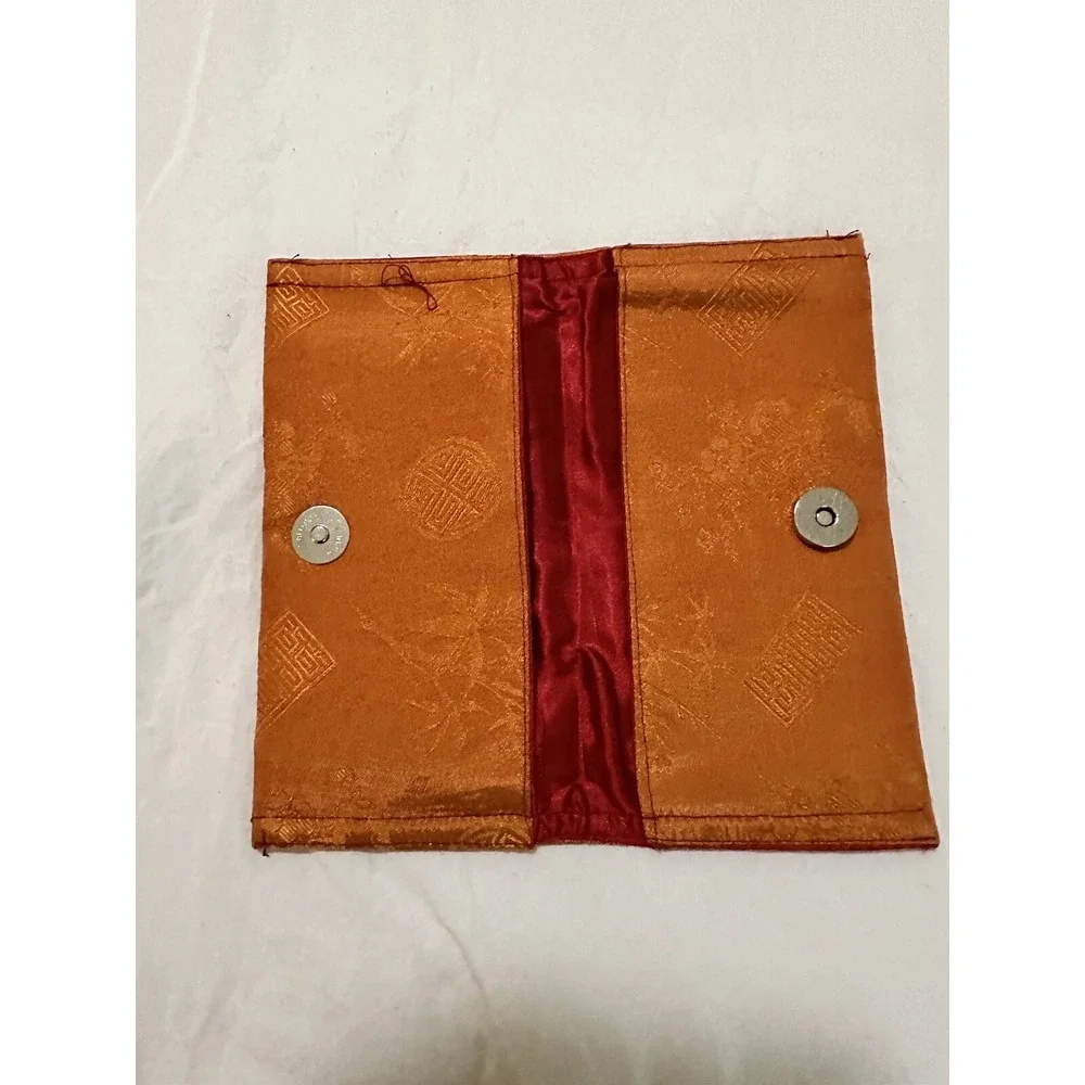 Vintage Hand Embroidered Floral Silk Clutch Bag Burnt Orange Red Satin Lining